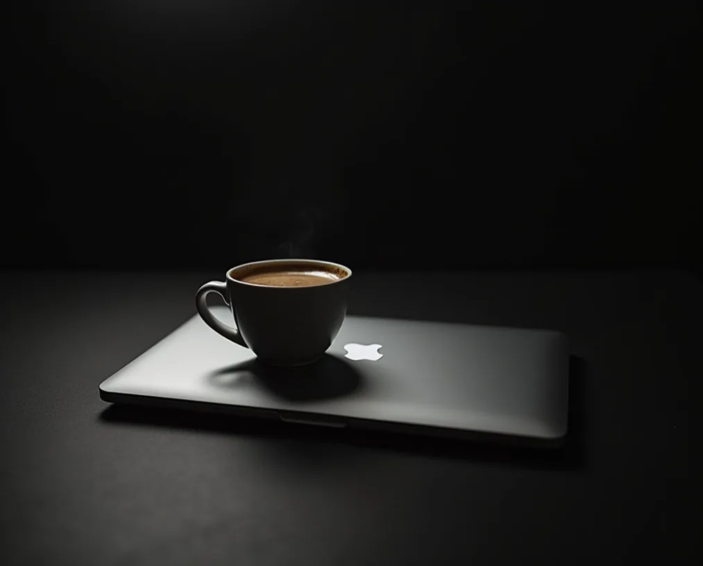 A cup of black coffee placed on a closed MacBook in a dark moody workspace minimal composition