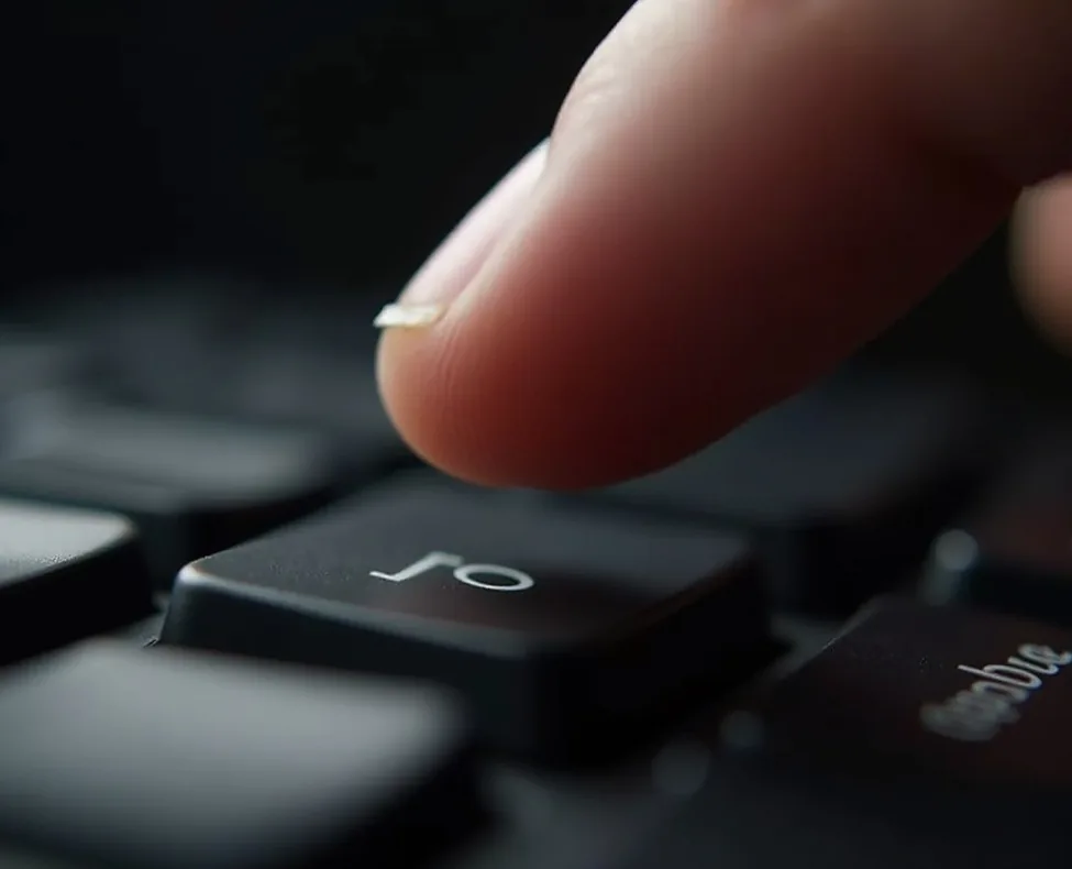 Close-up of a finger pressing a single keycap on a keyboard studio lighting minimalist
