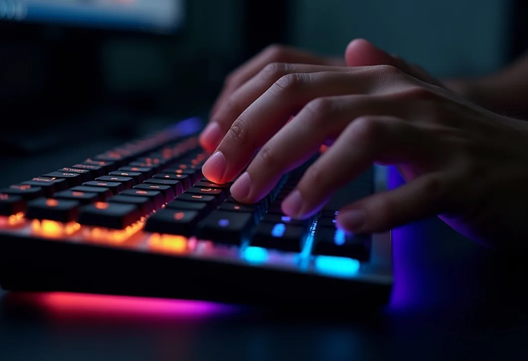 Close-up of hands typing on a mechanical keyboard with RGB lighting dark desk