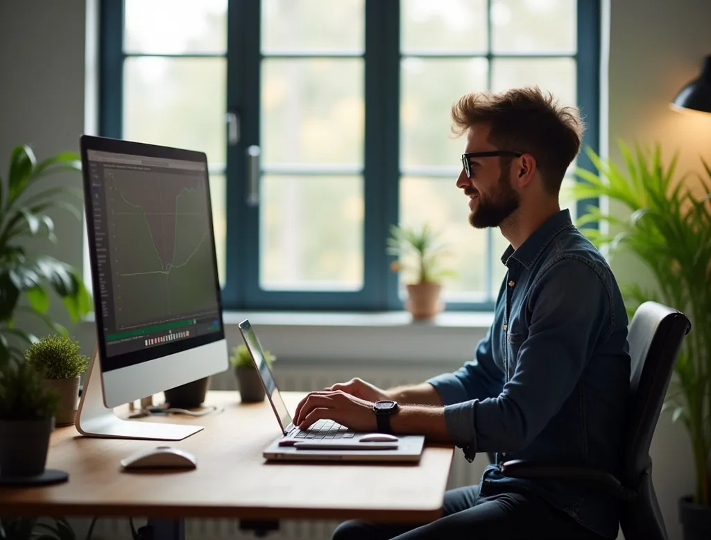 Developer sitting at a standing desk in a bright co-working space focused natural light