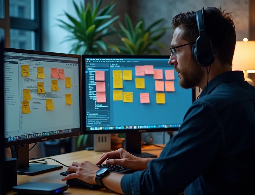 Developer desk with sticky notes on a monitor three screens active busy workspace