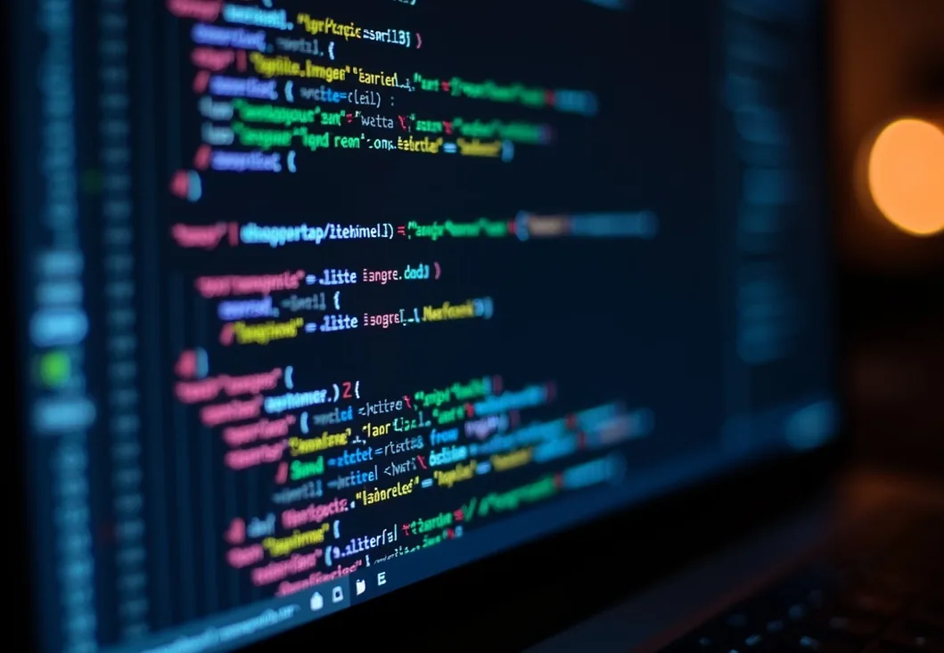 Extreme close-up of a laptop screen displaying colorful syntax-highlighted code bokeh background