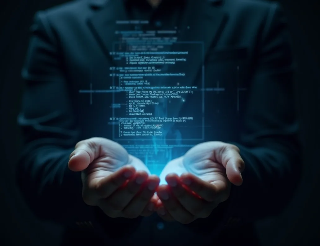 Futuristic holographic code projection over developer hands dark background cinematic style