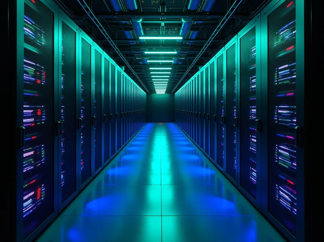 Neon-lit server room with rows of blinking rack servers dramatic blue and green lighting