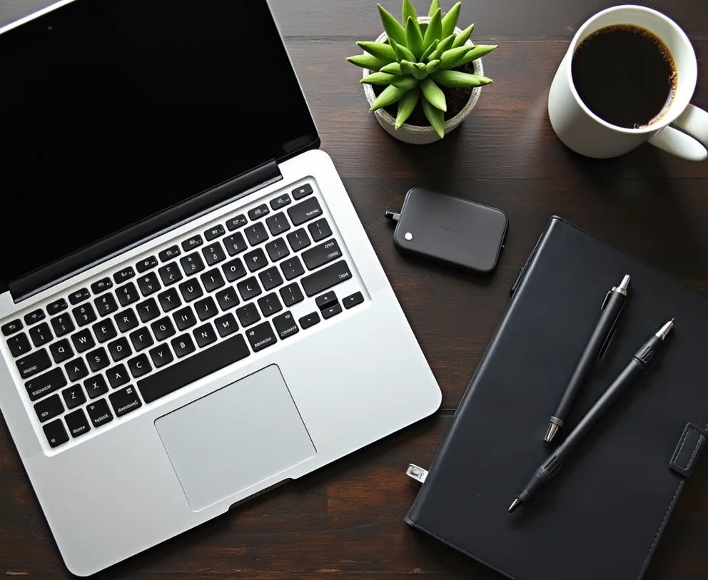 Overhead flat lay of programming essentials laptop notebook coffee cup USB hub on dark wooden desk