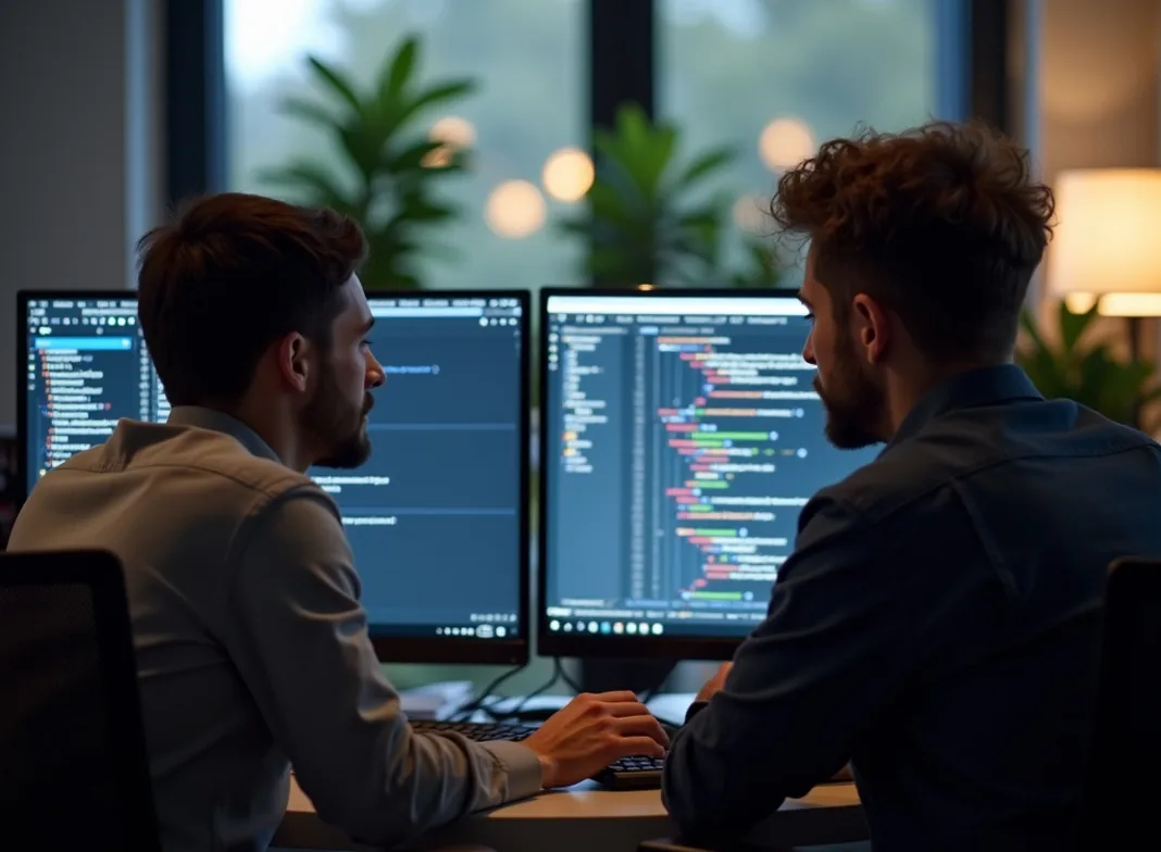 Pair programming session two developers looking at the same screen modern office candid