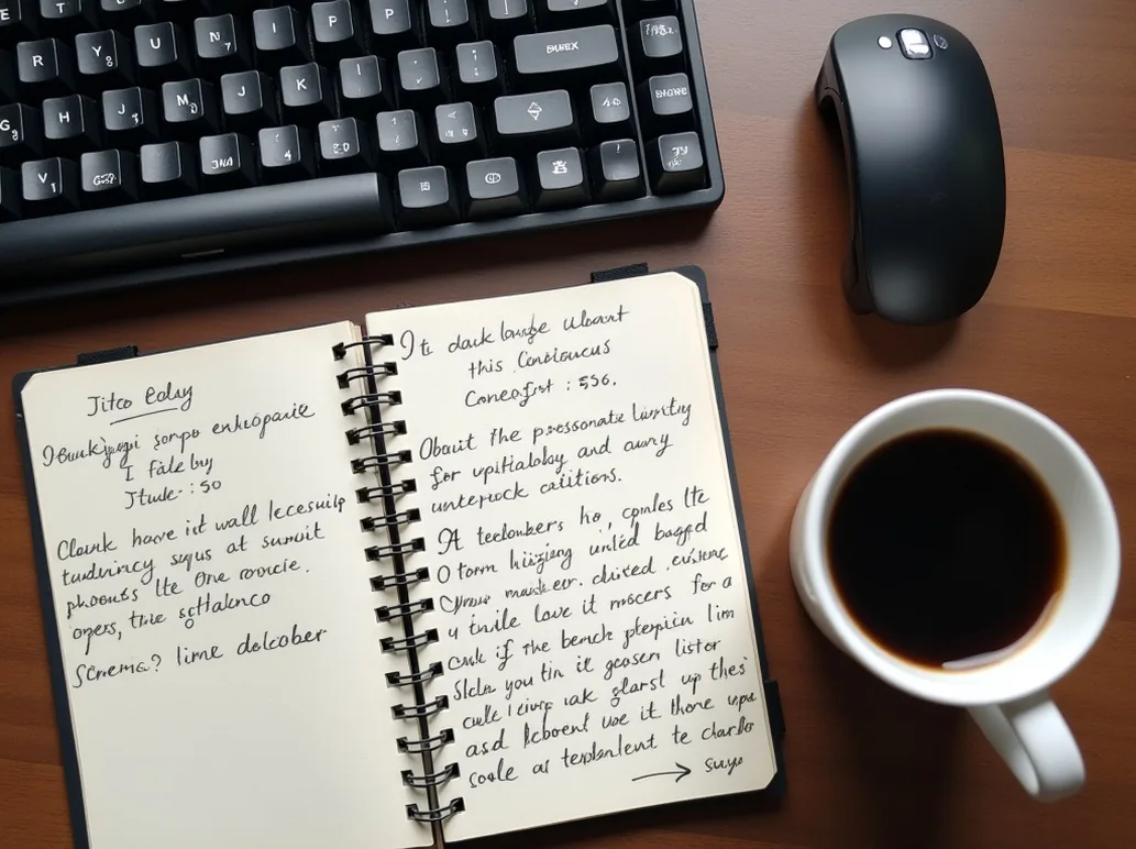Top-down view of a mechanical keyboard a notebook with handwritten notes and an espresso cup