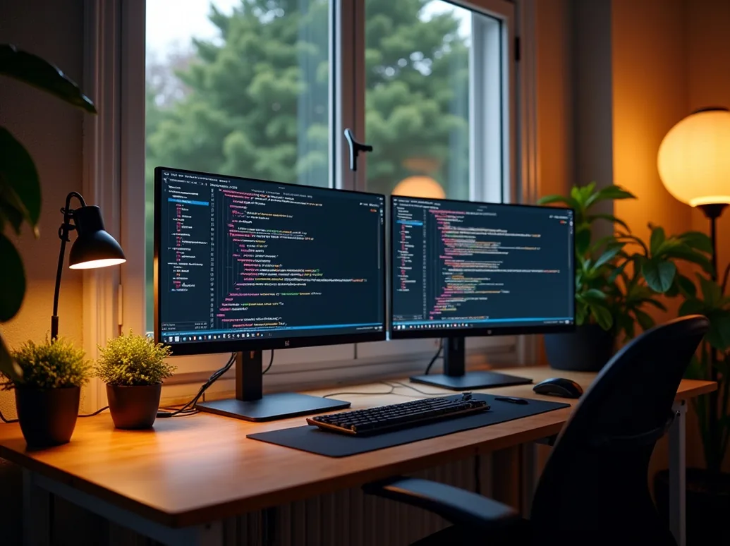 Wide shot of a modern home office setup with dual monitors showing code plants warm lighting